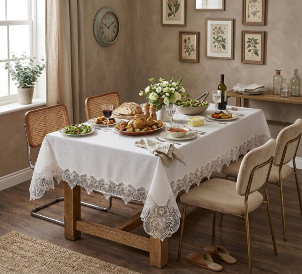 Majestic Crown 160x220 cm luxury linen-look tablecloth with crown guipure lace borders for high-end wedding events