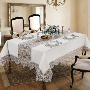 Wholesale luxury white lace tablecloth with premium guipure border on formal dining table setup