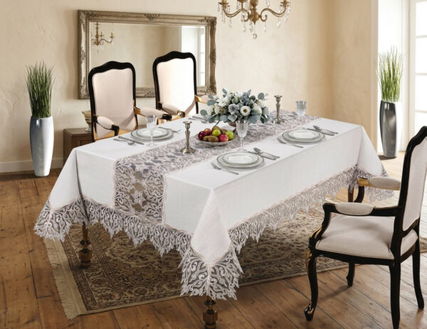 Wholesale luxury white lace tablecloth with premium guipure border on formal dining table setup