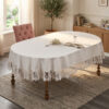 Wholesale premium linen look tablecloth with elegant guipure lace border on fine dining oval setup