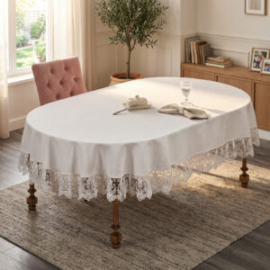 Wholesale premium linen look tablecloth with elegant guipure lace border on fine dining oval setup