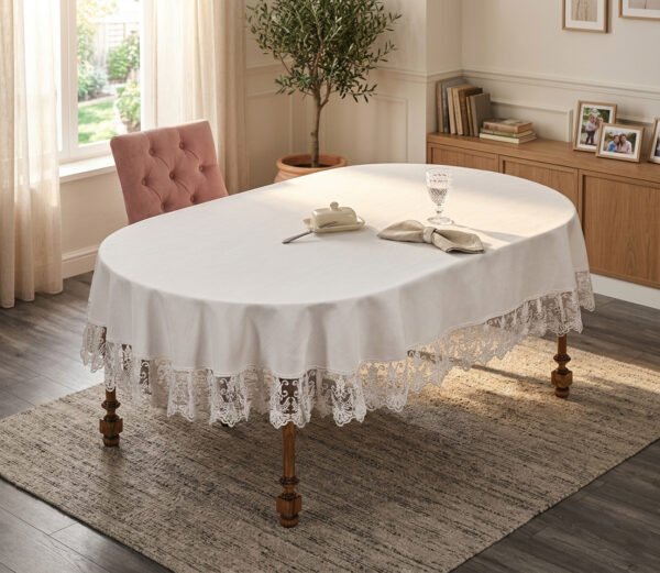 Wholesale premium linen look tablecloth with elegant guipure lace border on fine dining oval setup