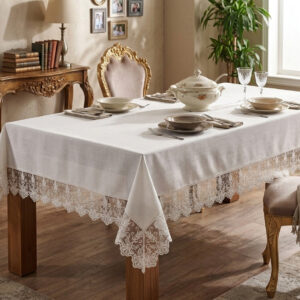 Wholesale special gardenio luxury tablecloth with elegant guipure lace border on a formal hotel banquet setup