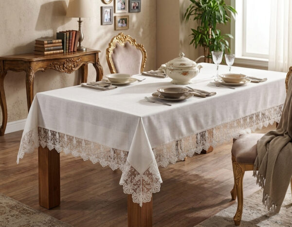 Wholesale special gardenio luxury tablecloth with elegant guipure lace border on a formal hotel banquet setup
