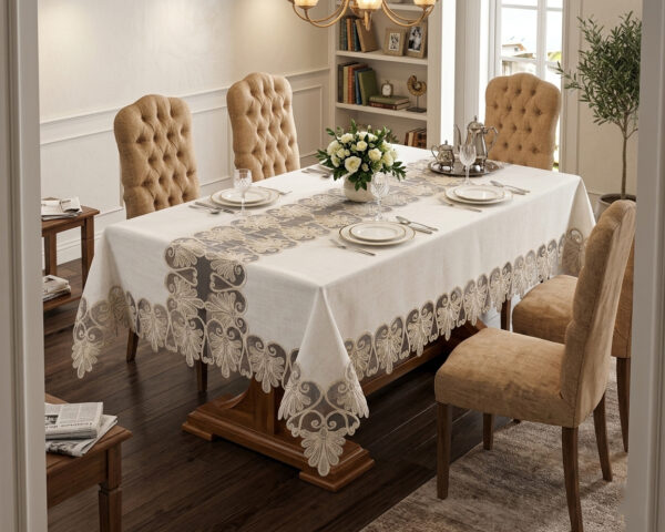 Wholesale vintage embroidered lace tablecloth with baroque guipure border on rustic luxury dining table setup