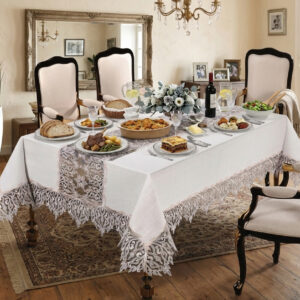 Wholesale luxury white lace tablecloth with premium guipure border on formal dining table setup