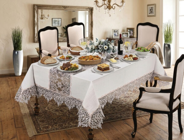 Wholesale luxury white lace tablecloth with premium guipure border on formal dining table setup