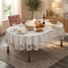 Wholesale premium linen look tablecloth with elegant guipure lace border on fine dining oval setup