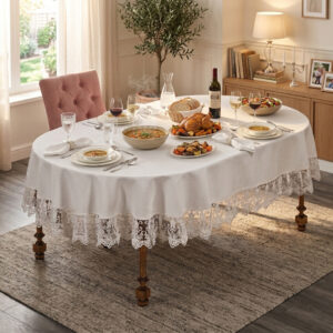 Wholesale premium linen look tablecloth with elegant guipure lace border on fine dining oval setup