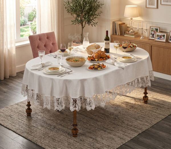 Wholesale premium linen look tablecloth with elegant guipure lace border on fine dining oval setup