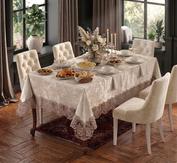 Buy premium wholesale velvet 160x220 cm lace tablecloths. Luxury 80% polyester 20% cotton blend. Heavy drape, stain resistant for fine B2B dining setups.