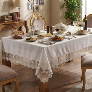 Wholesale special gardenio luxury tablecloth with elegant guipure lace border on a formal hotel banquet setup