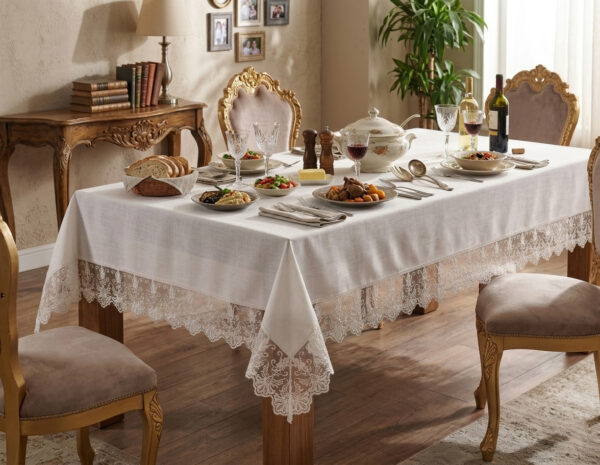 Wholesale special gardenio luxury tablecloth with elegant guipure lace border on a formal hotel banquet setup