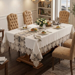 Wholesale vintage embroidered lace tablecloth with baroque guipure border on rustic luxury dining table setup