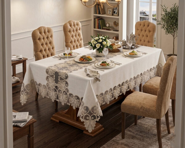 Wholesale vintage embroidered lace tablecloth with baroque guipure border on rustic luxury dining table setup