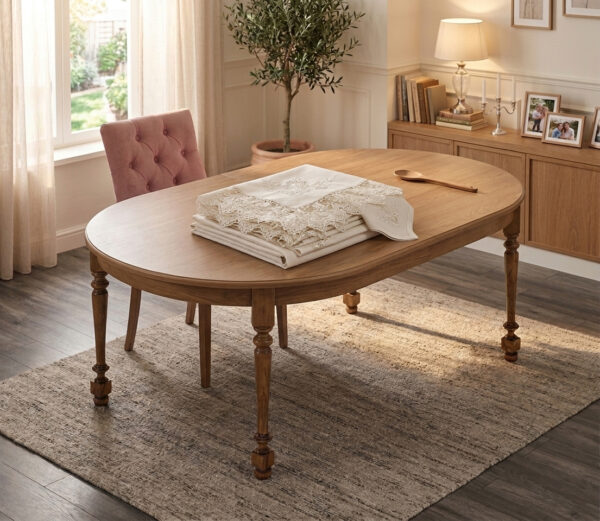 Wholesale premium linen look tablecloth with elegant guipure lace border on fine dining oval setup