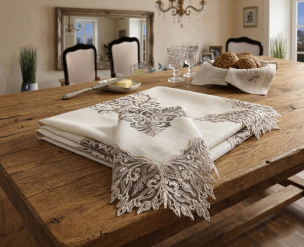 Wholesale luxury white lace tablecloth with premium guipure border on formal dining table setup