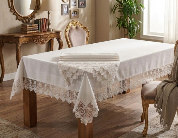 Wholesale special gardenio luxury tablecloth with elegant guipure lace border on a formal hotel banquet setup