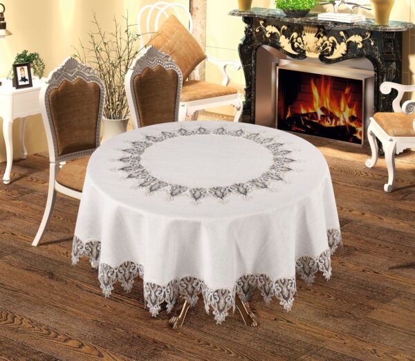 Flora Premium Embroidered Round Tablecloth Stain Resistant Table Cover