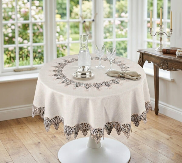 Flora Premium Embroidered Round Tablecloth Stain Resistant Table Cover