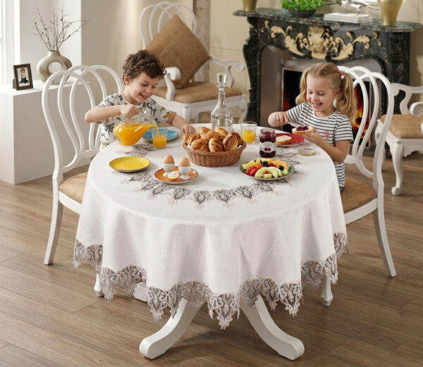 Flora Premium Embroidered Round Tablecloth Stain Resistant Table Cover